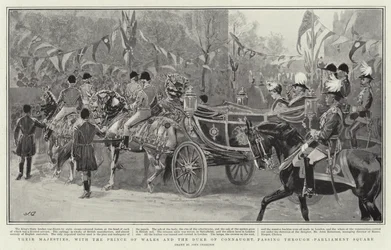 Ihre Majestäten, mit dem Prinzen von Wales und dem Herzog von Connaught, durchqueren den Parliament Square